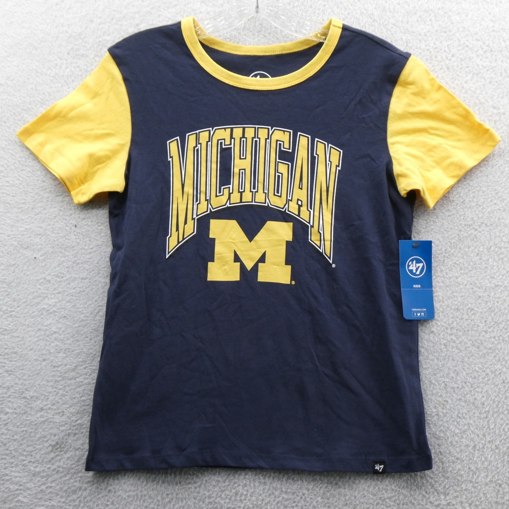 '47 Brand Shirt Kids Large Michigan Wolverines Navy Yellow Cotton Short Sleeve
